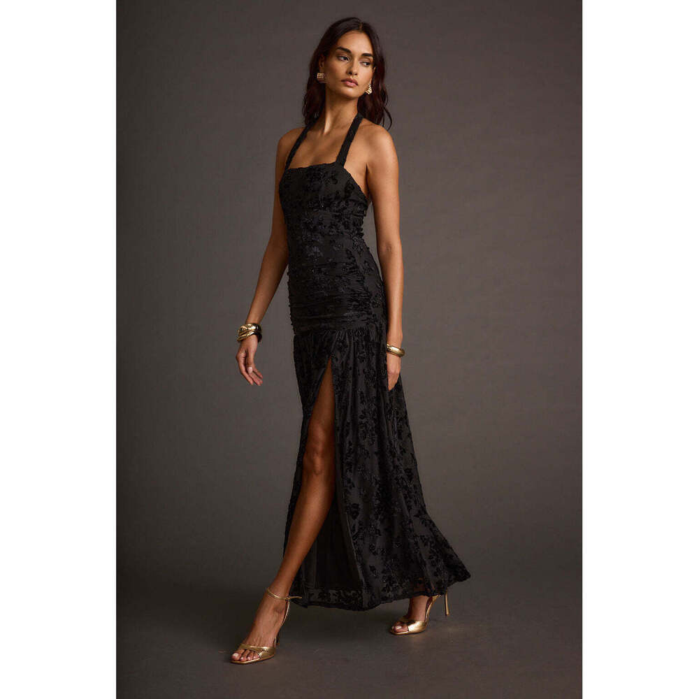 12th Tribe Black Maxi Halter Dress with High Slit